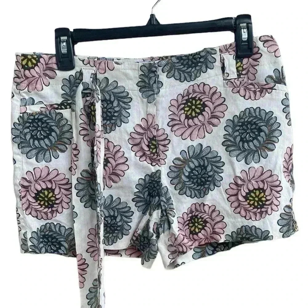 Ann Taylor Loft women’s floral linen shorts cream pink green 6P removable belt